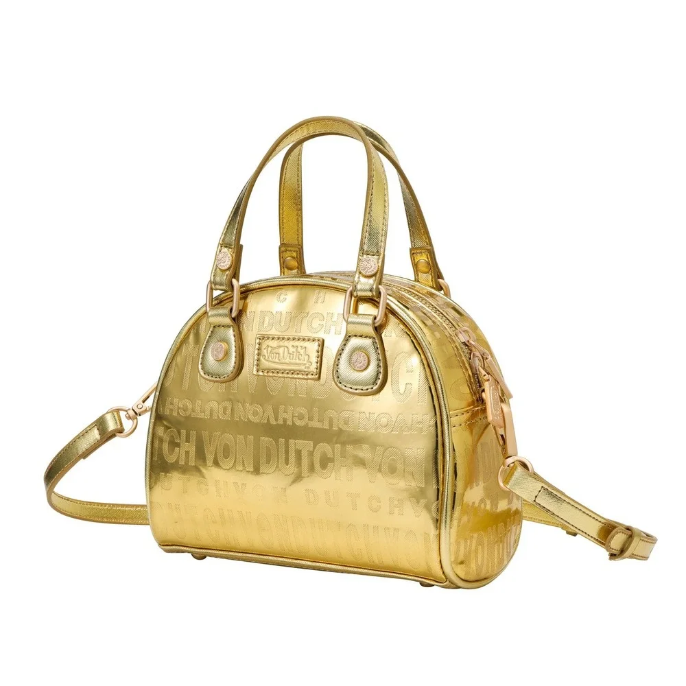 Von Dutch Metallic Gold Mini Bowler Bag Y2K Logo Crossbody Dome Satchel